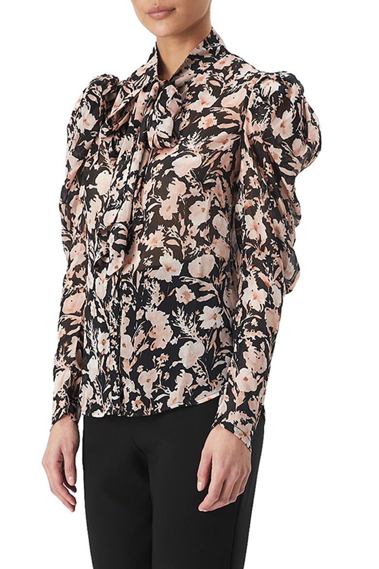 Amielie Floral Puff Sleeve Tie Neck Blouse, Alternate, color, APRICOT FLORAL