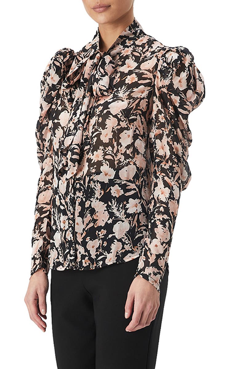 Bardot Amielie Floral Puff Sleeve Tie Neck Blouse, Alternate, color,
