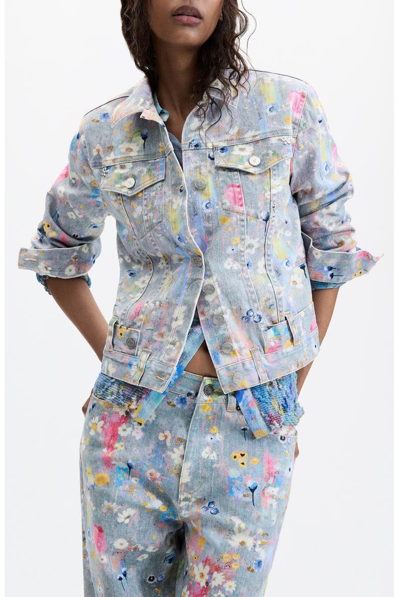 Embroidered Floral Trucker Jacket, Main, color, GRAY
