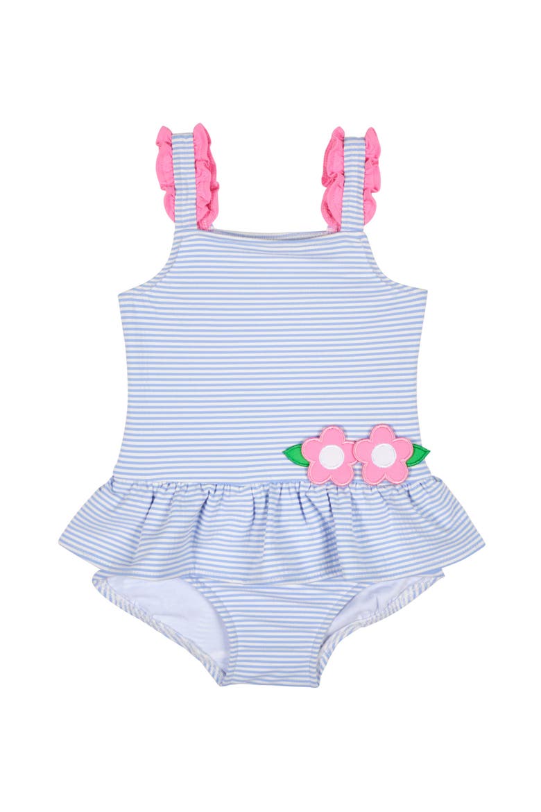 Seersucker Swimsuit With Flowers, Main, color, Blue/White