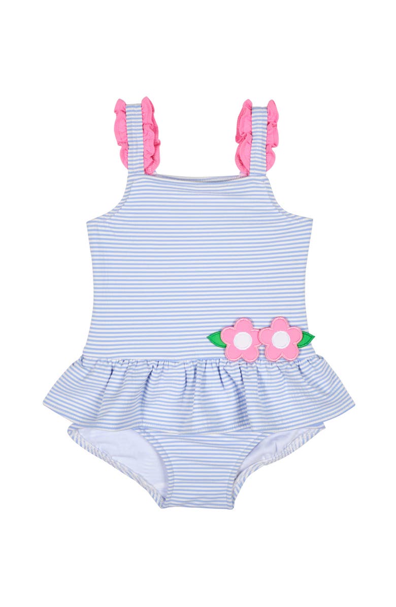 Florence Eiseman Seersucker Swimsuit With Flowers, Main, color, Blue/White