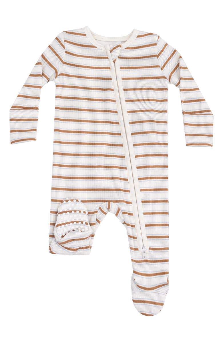 Angel Dear Classic Stripe Ribbed Zip Footie, Main, color, Ivory/ Tan