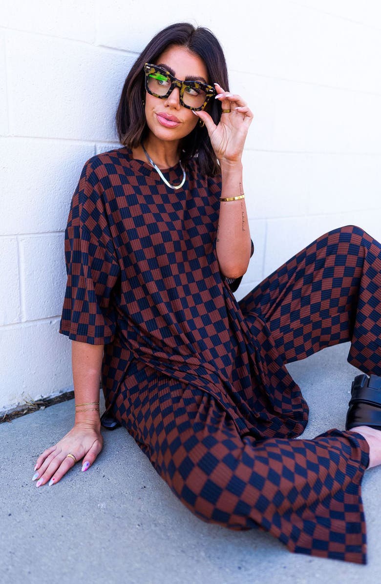 Dressed in Lala Lex Ribbed Oversize T-Shirt & High Waist Crop Pants Set, Alternate, color, Black Brown Check