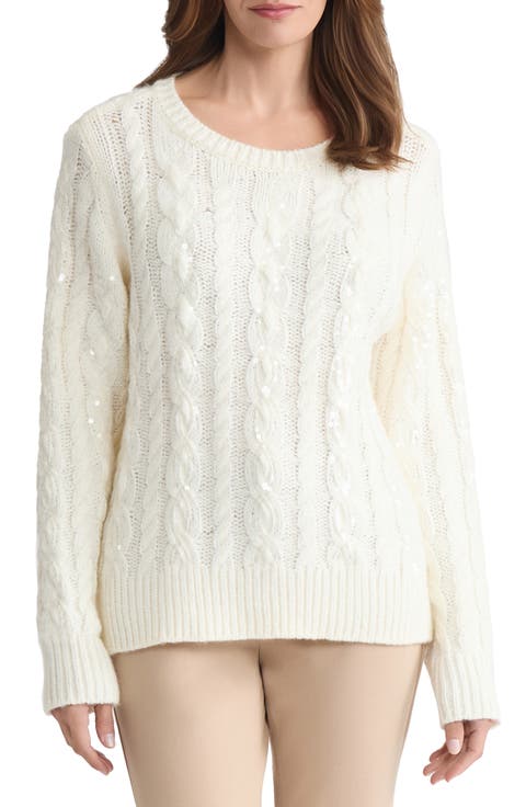 Jones New York Sequin Embellished Cable Crewneck Sweater