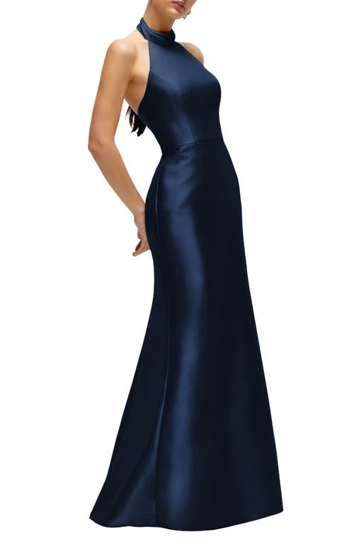 Alfred Sung Halter Satin Trumpet Gown In Midnight