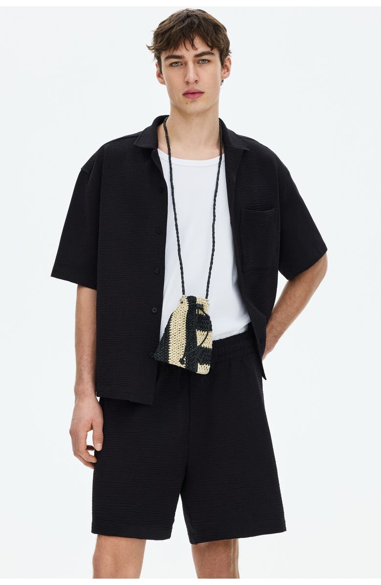 H&M Relaxed Fit Waffled Shorts, Alternate, color, Black