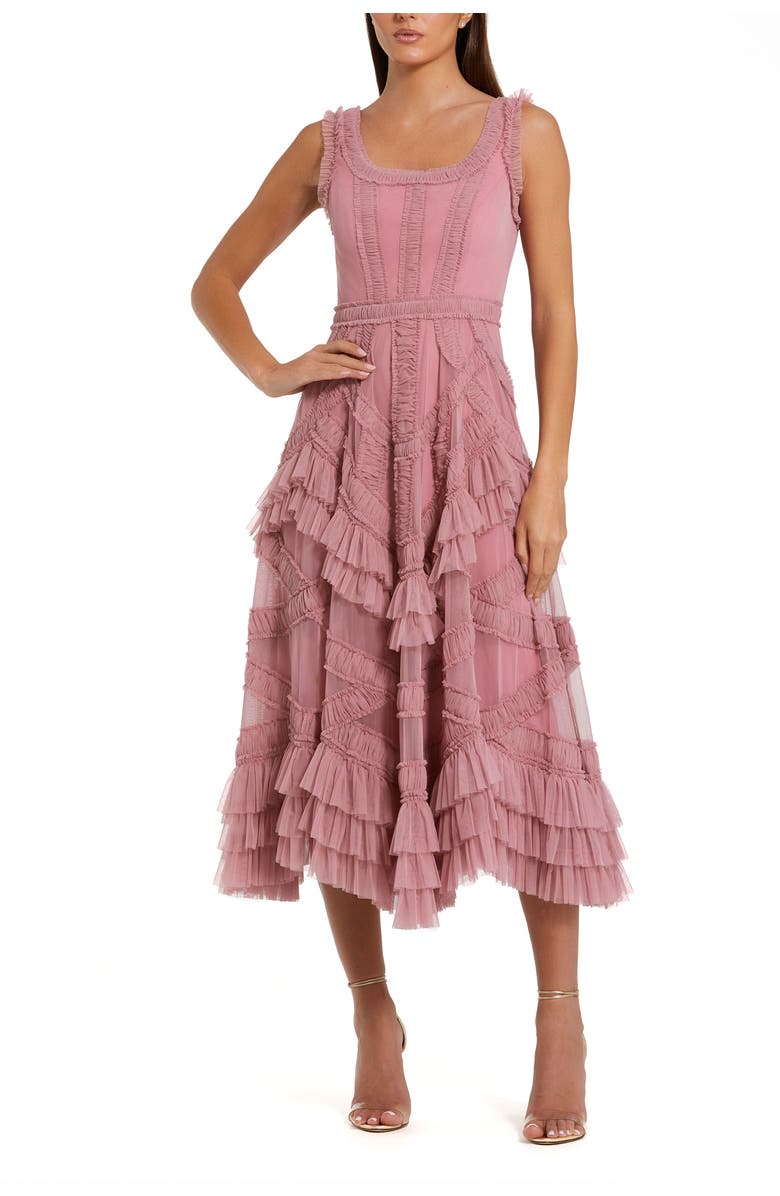 Mac Duggal Petite  Scoop Neck Sleeveless Mesh Micro Ruffle Midi Dress, Main, color, Antique Rose