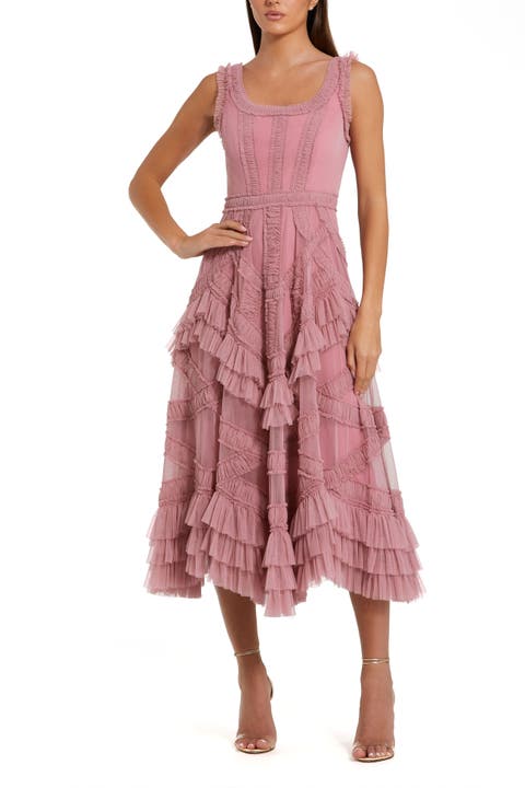 Petite  Scoop Neck Sleeveless Mesh Micro Ruffle Midi Dress