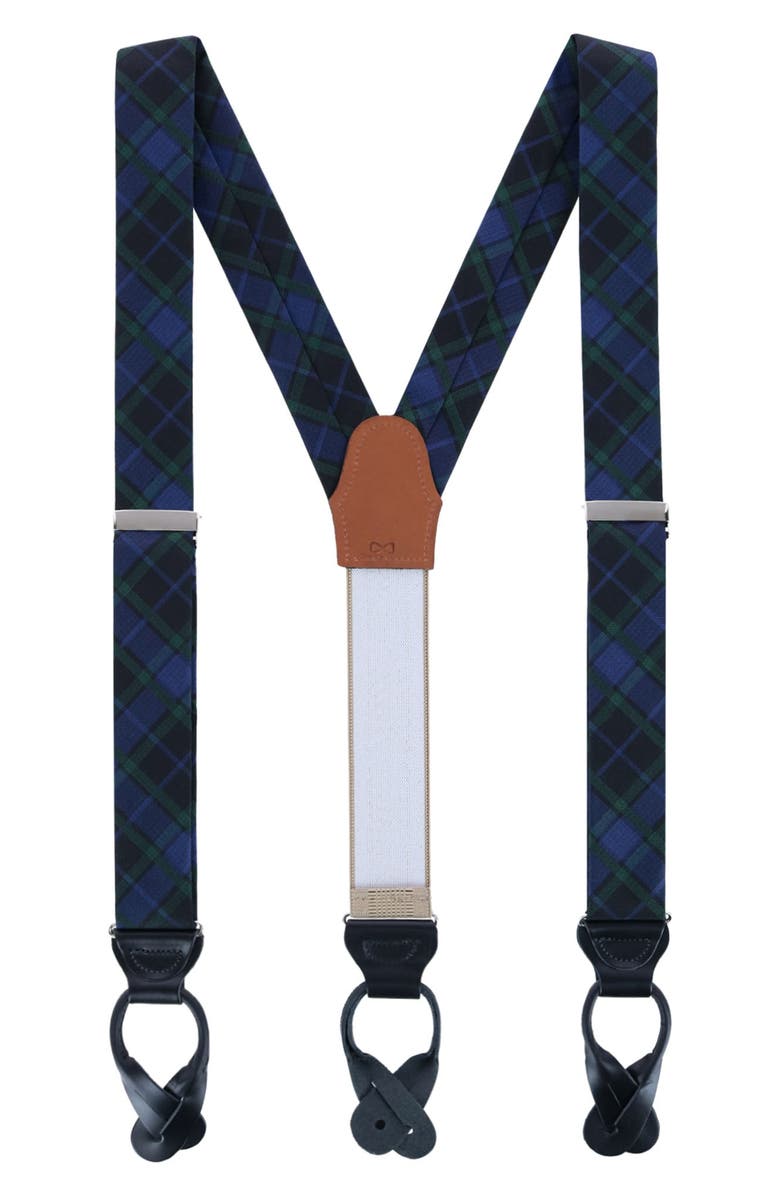 Trafalgar Ives Plaid Silk Suspenders, Main, color, Green And Navy Plaid