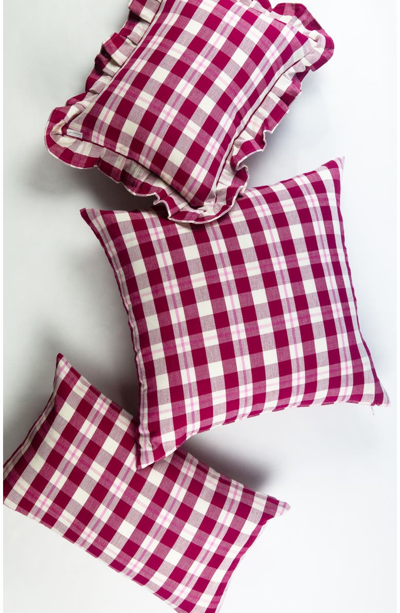 Archive New York Abigail Cranberry Handwoven Cotton Plaid Ruffle Pillow, Alternate, color, Burgundy