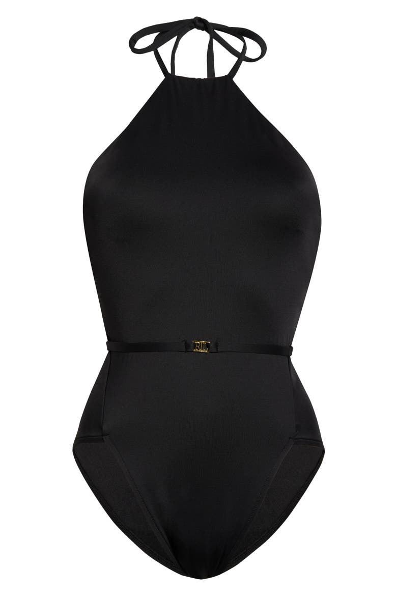 Belted High Neck One-Piece Swimsuit, Alternate, color, BLACK
