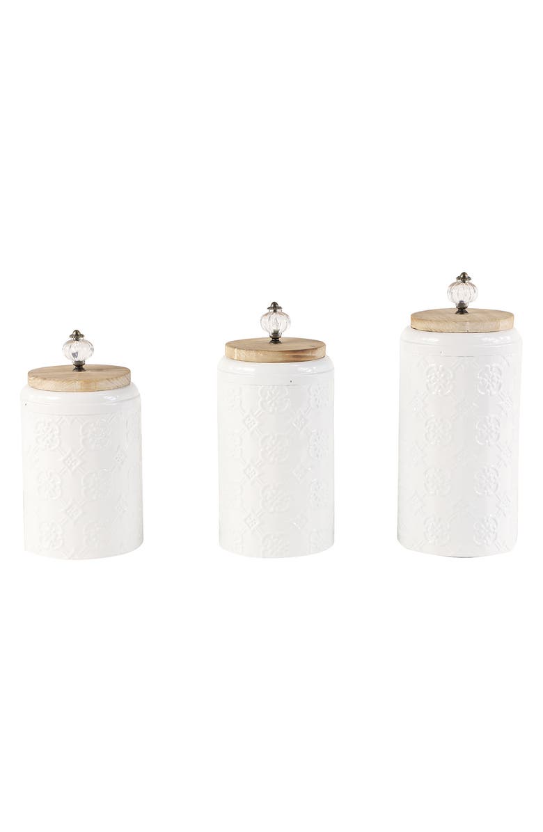 SONOMA SAGE HOME White Metal Floral Decorative Jars with Wood Lids - Set of 3, Main, color,