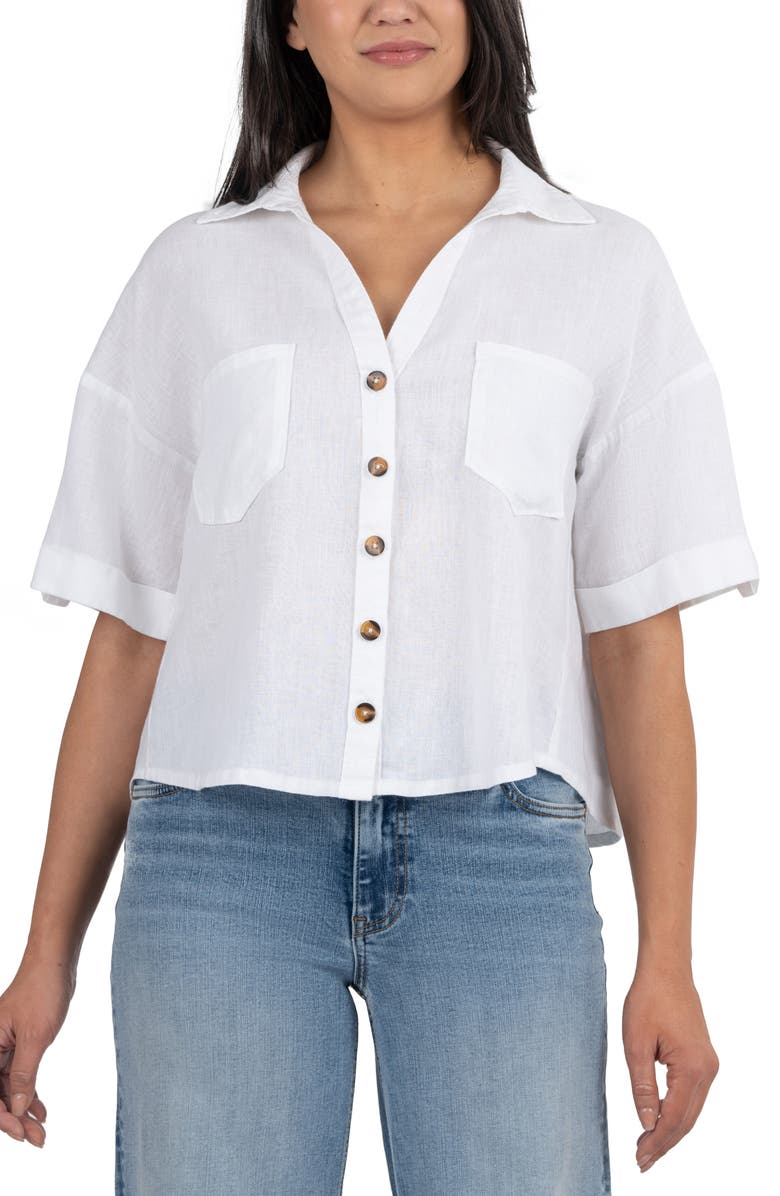 KUT from the Kloth Breland Boxy Linen Blend Button-Up Shirt, Main, color, Optic White