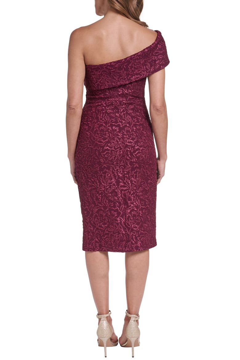 Metallic Floral Jacquard One-Shoulder Cocktail Sheath Dress, Alternate, color, WINE