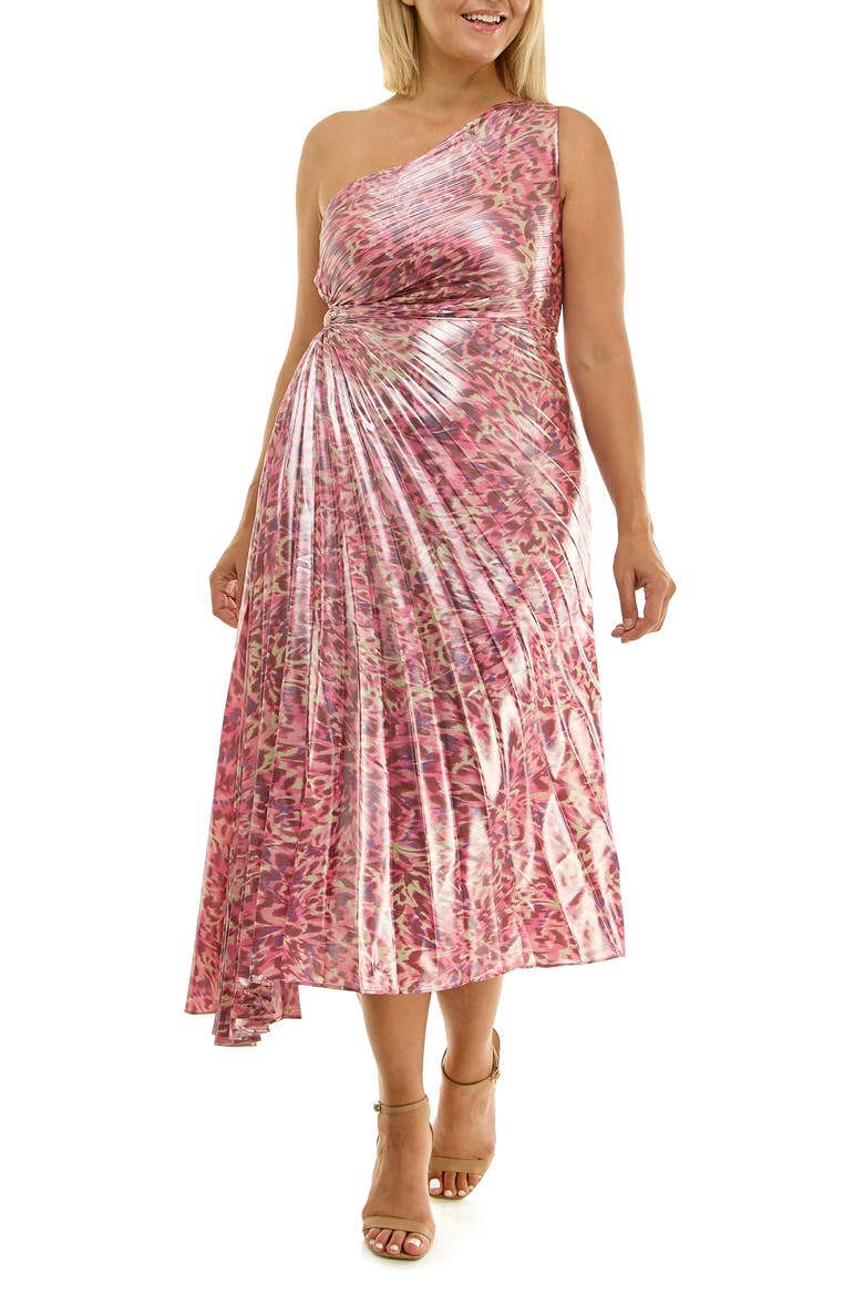 Pleated One-Shoulder Metallic Dress, Main, color, ABSTRACT BUTTERFLY FUCHSIA