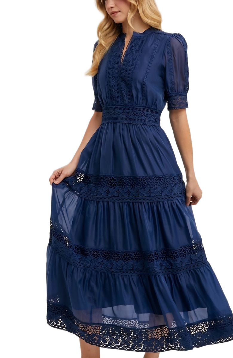 Knit and Lounge Lace Pintuck Tiered Midi Dress, Alternate, color, Navy