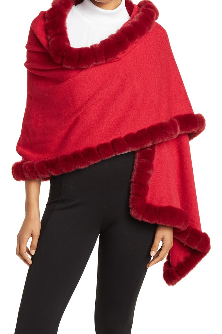 Faux Fur Trim Wrap Scarf, Main, color, RED