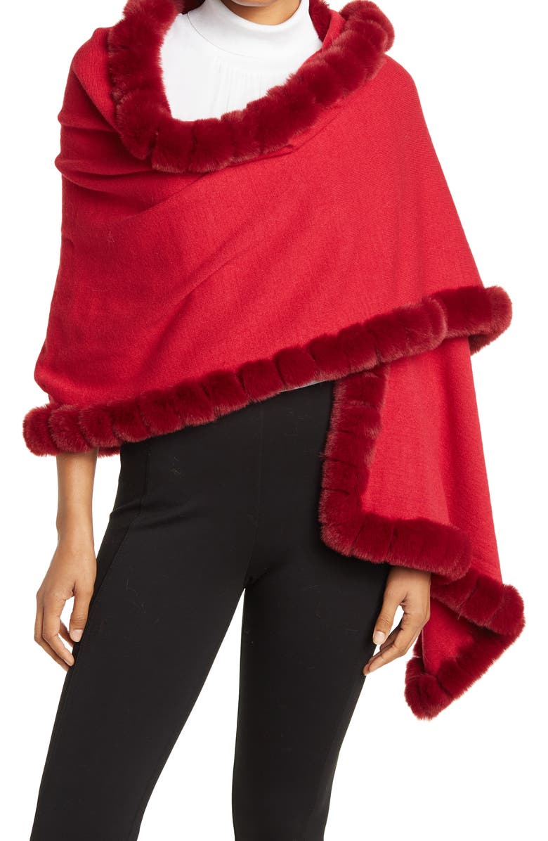 La Fiorentina Faux Fur Trim Wrap Scarf, Main, color, Red
