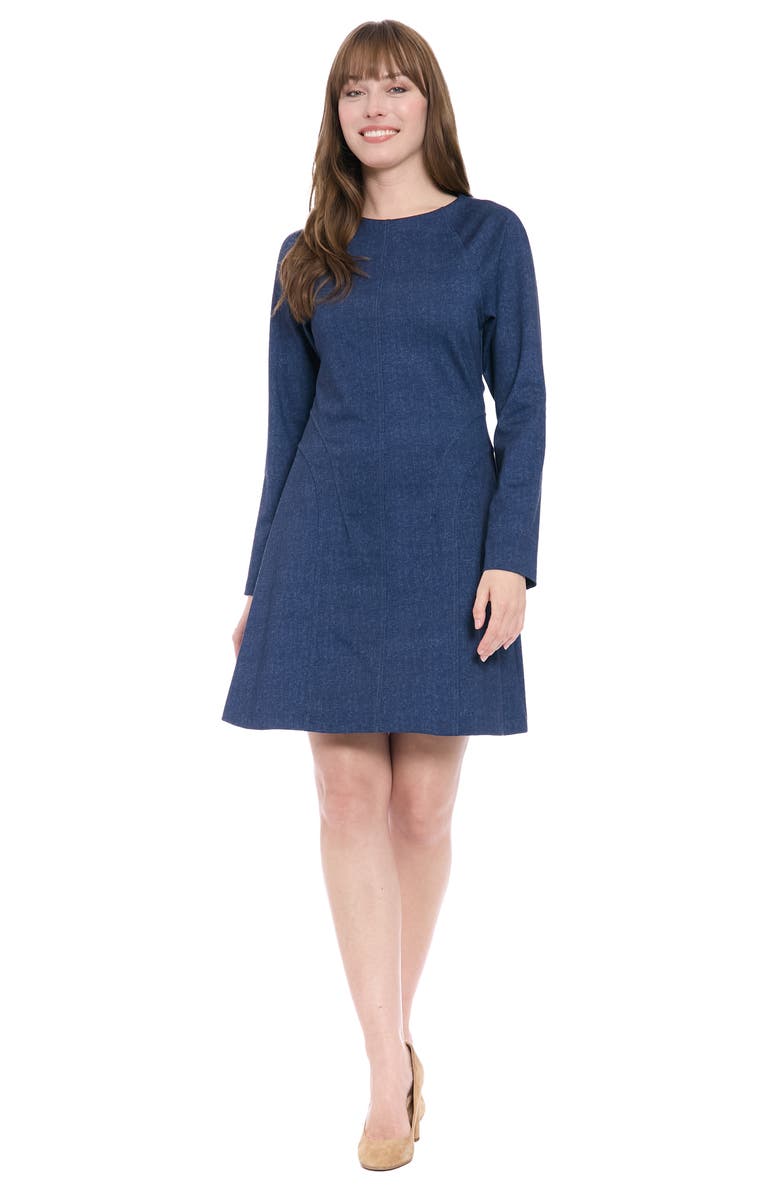 London Times Long Sleeve Ponte Denim Fit & Flare Dress, Alternate, color, Denim Blue