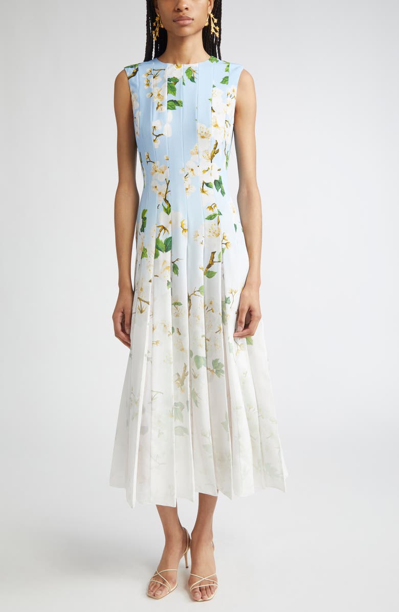Oscar de la Renta Cherry Blossom Dégradé Sleeveless Cady & Chiffon Dress, Main, color, 