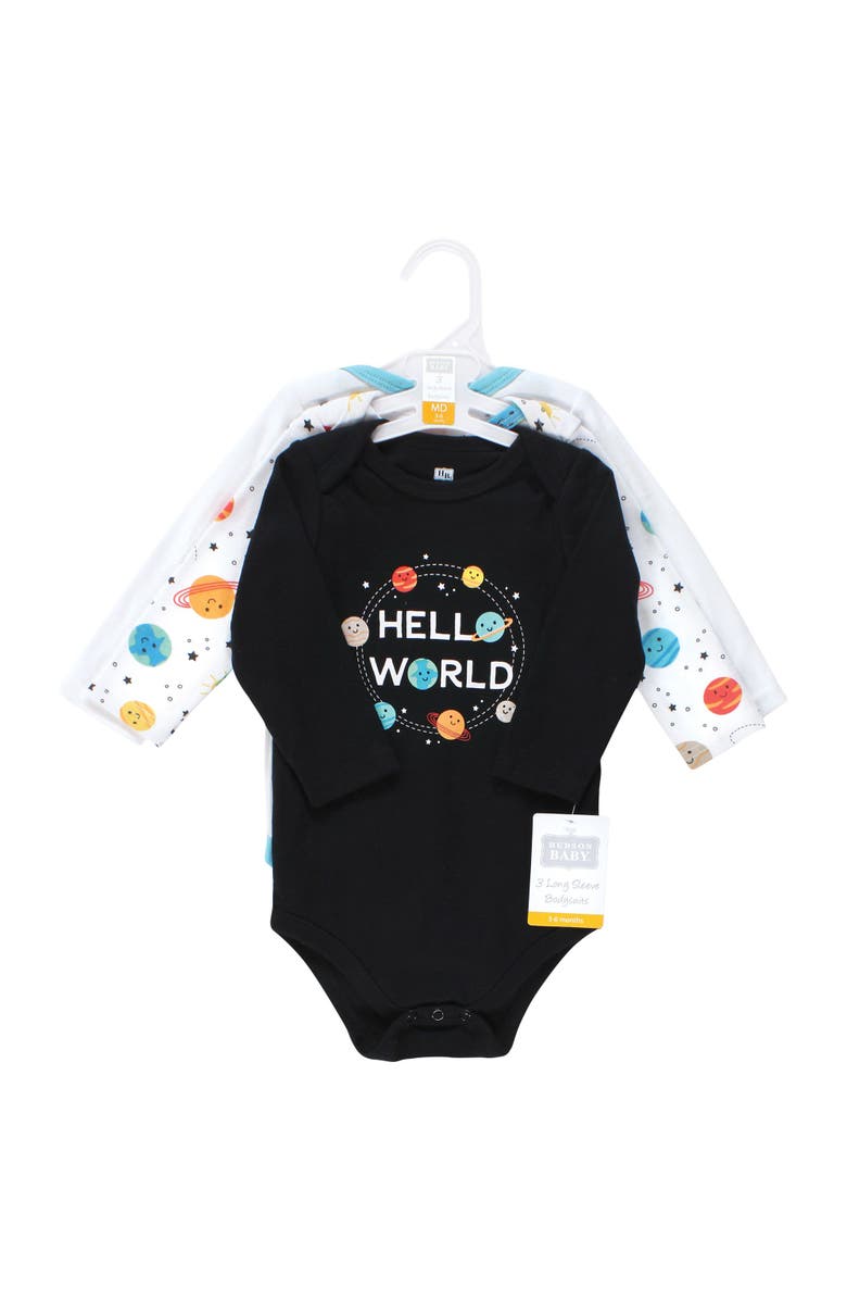 Hudson Baby Essential Long-Sleeve Cotton Bodysuit Triple Set, Alternate, color, Happy Planets 3-Pack