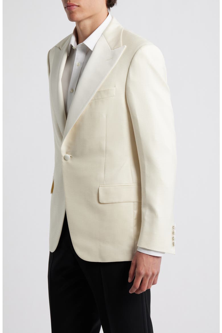 Ivory Plaid Jacquard Wool & Silk Peak Lapel Dinner Jacket, Alternate, color, OFF WHITE