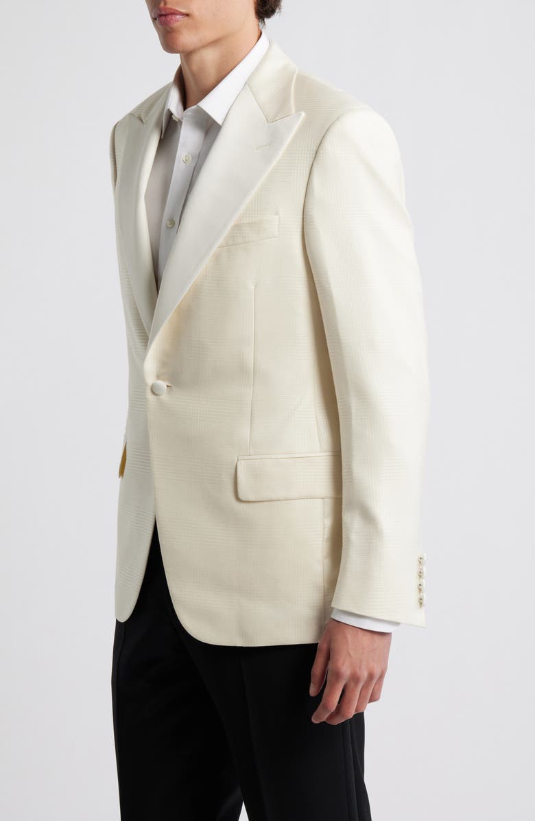 Heritage Gold Ivory Plaid Jacquard Wool & Silk Peak Lapel Dinner Jacket, Alternate, color, Off White