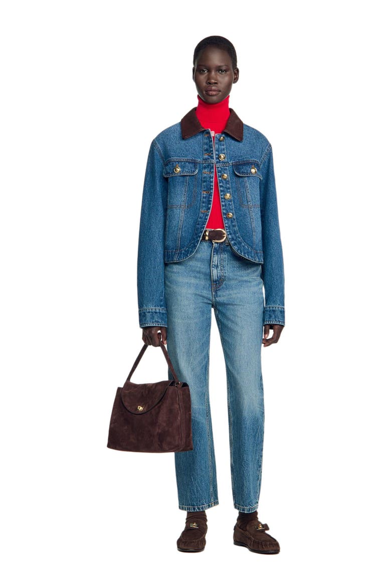 Denim jacket with leather collar, Alternate, color, Blue jean
