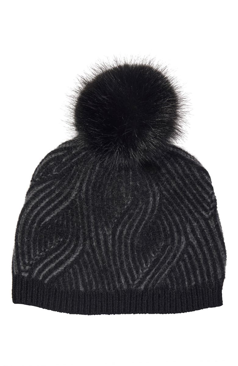Sofia Cashmere Faux Fur Pompom Plaited Rib Cashmere Knit Beanie, Alternate, color, 