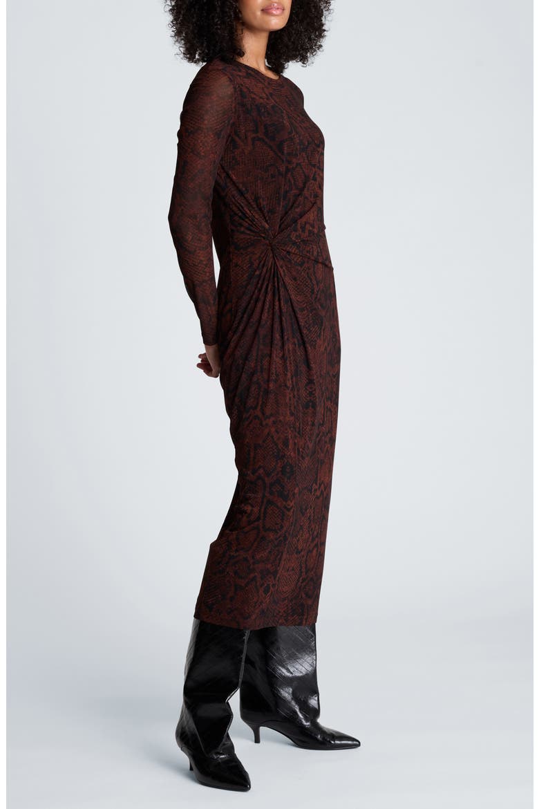 Knot Front Long Sleeve Midi Dress, Alternate, color, MEDIUM BARK MULTI