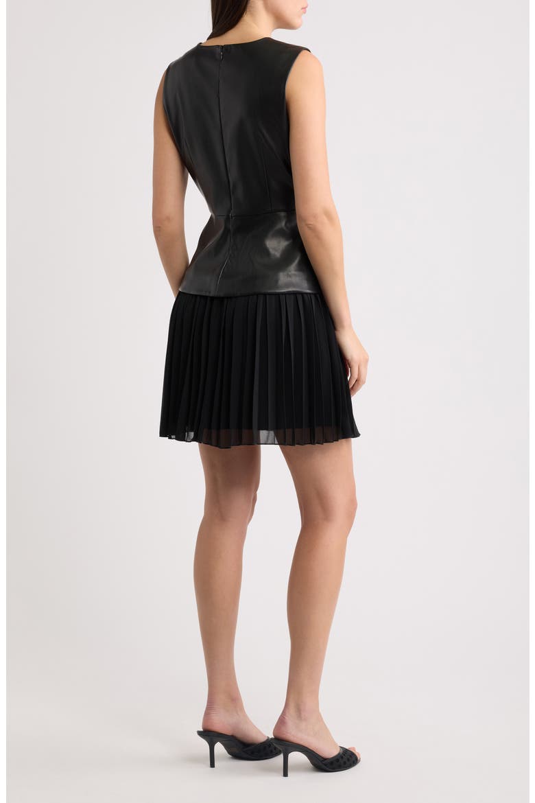 Pleated Skirt Sleeveless Faux Leather Dress, Alternate, color, BLACK