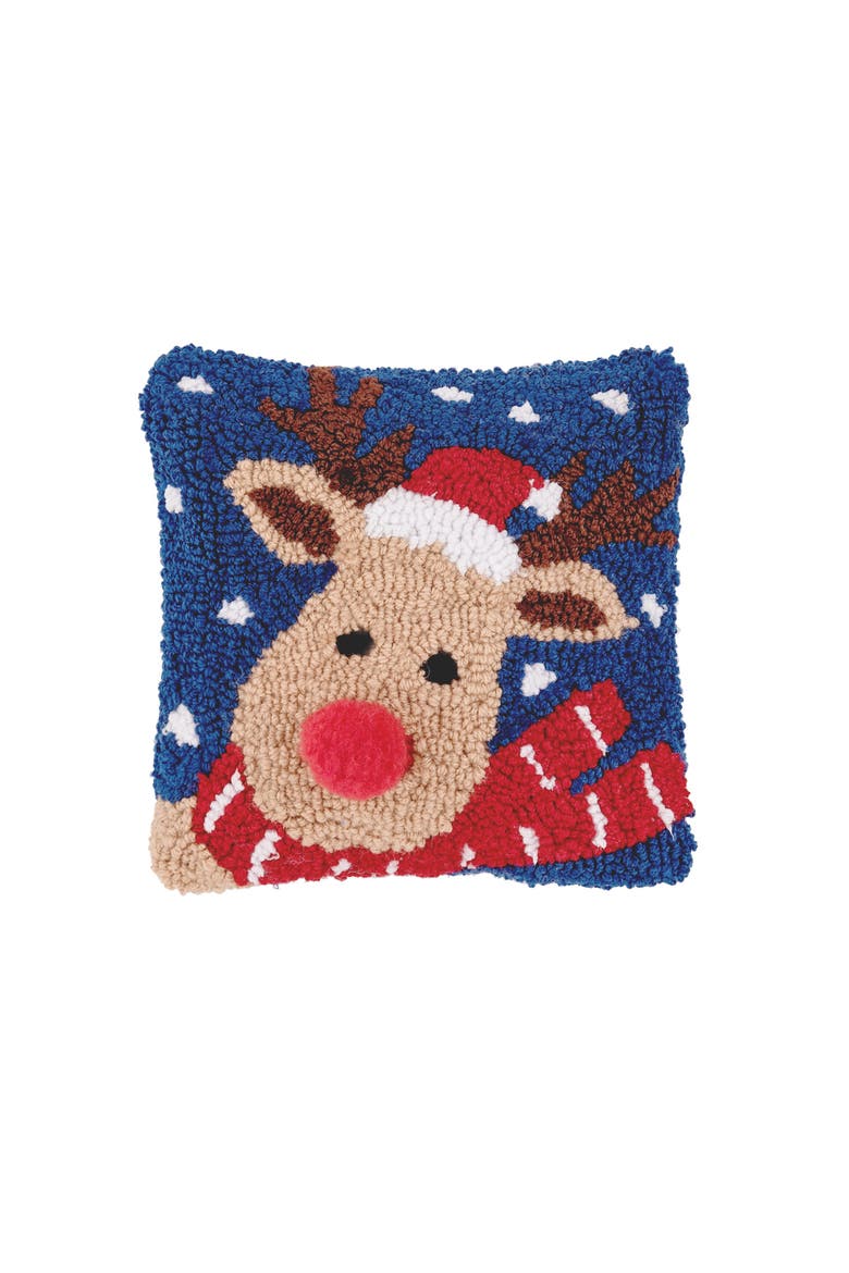 Reindeer w/ Santa Hat Hooked Christmas Mini Accent Pillow 8" x 8", Main, color, Blue