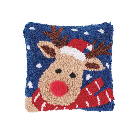Reindeer w/ Santa Hat Hooked Christmas Mini Accent Pillow 8" x 8"
