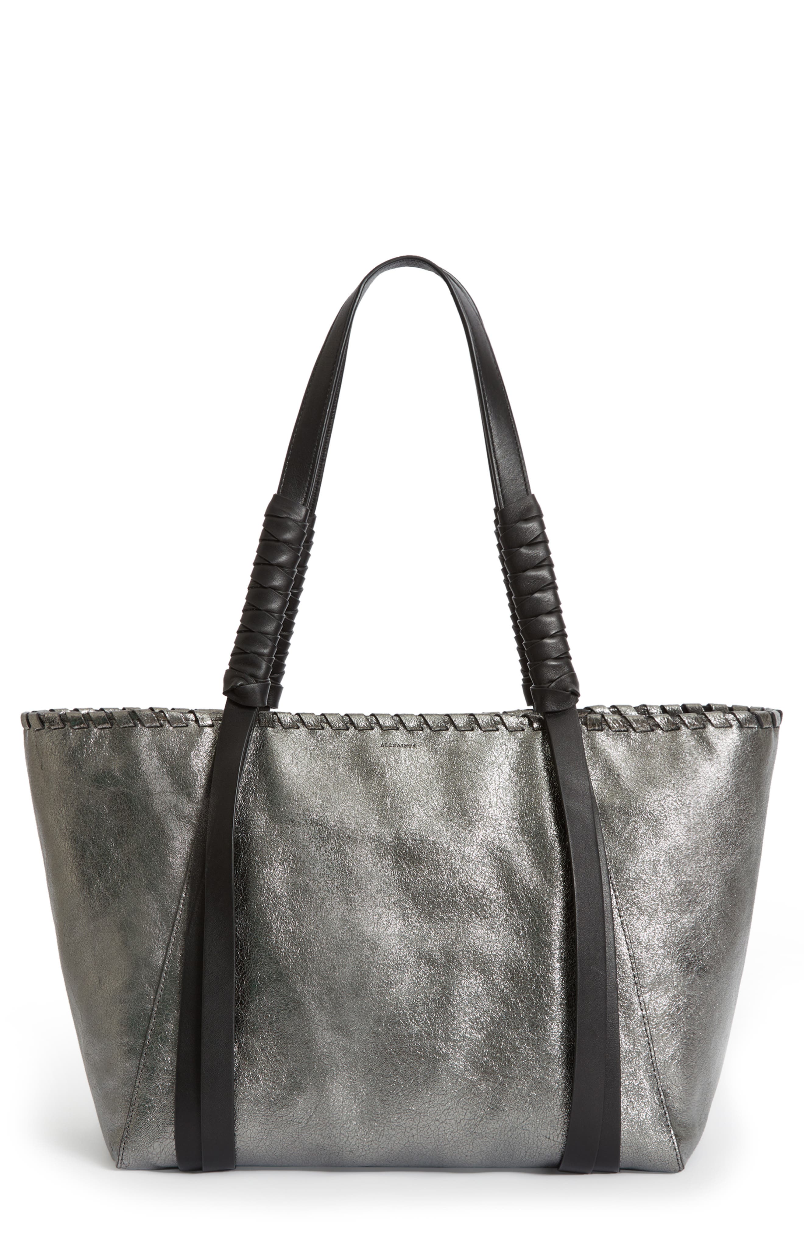 AllSaints Miki East/West Leather Tote, Main, color, Soft Gold