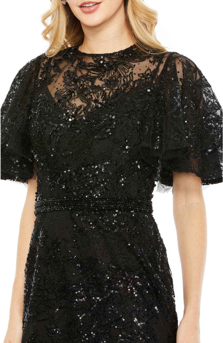 Mac Duggal Embellished Flutter Sleeve High Neck Gown, Alternate, color, Black