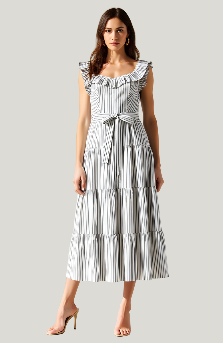 Modenaire Striped Tiered Midi Dress with Ruffle Sleeves and Front Waist Tie, Main, color, 
