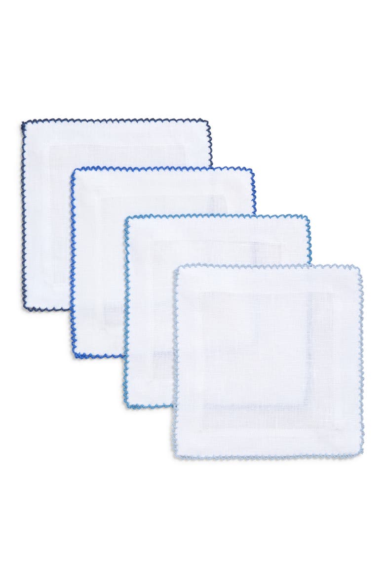 Picot Edge Set of 4 Linen Cocktail Napkins, Main, color, MULTI BLUES