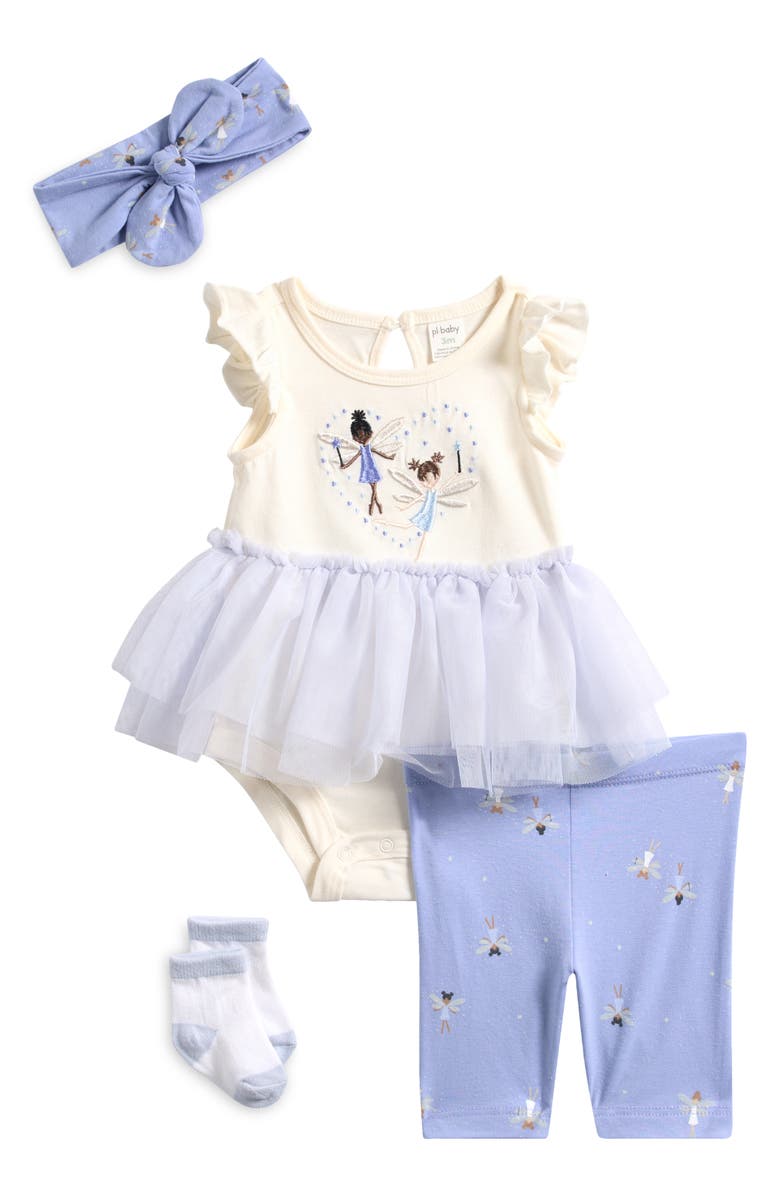 PL Baby by Petit Lem 4-Piece Dancer Tutu Bodysuit, Leggings, Socks & Headband Set, Main, color, Light Blue Fairies