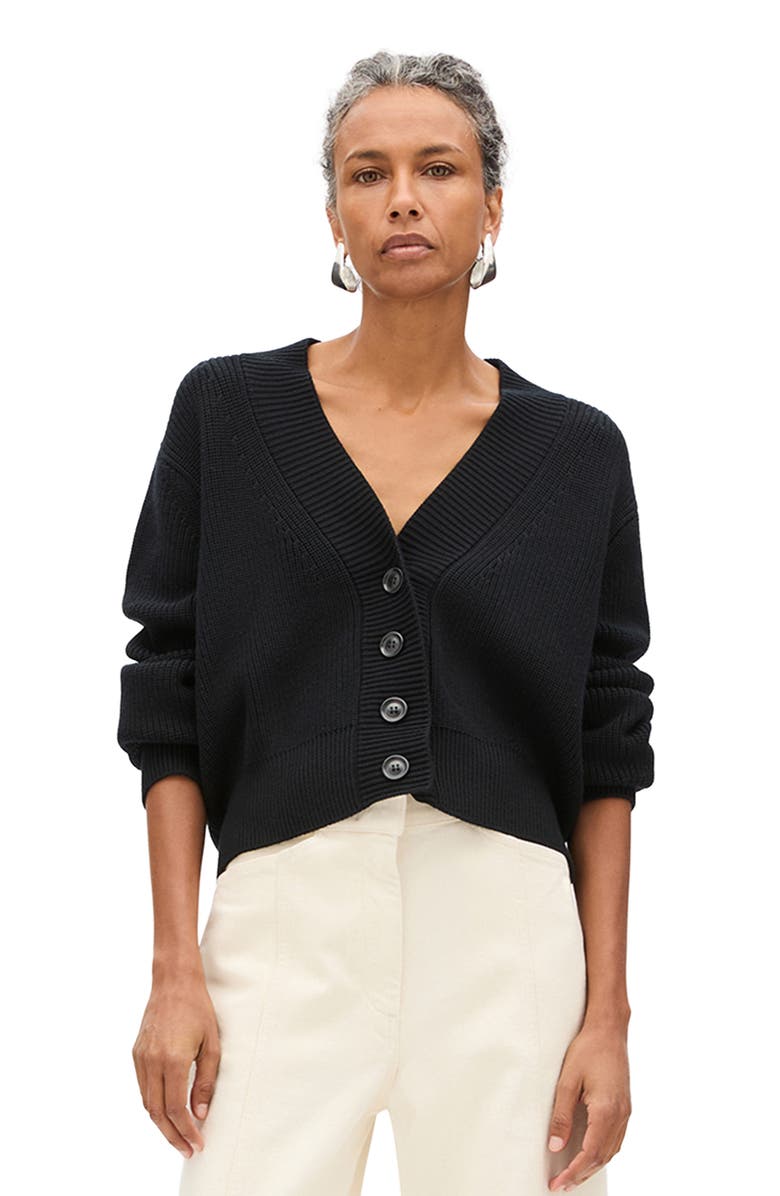 Another Tomorrow Rib Cropped Cardigan, Main, color, Black