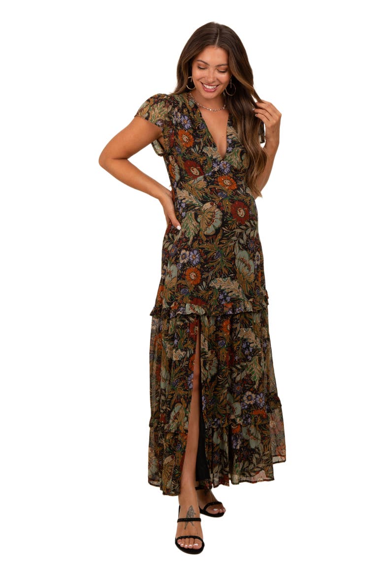 Floral Deep V-Neck Tiered Maxi Dress, Alternate, color, Black