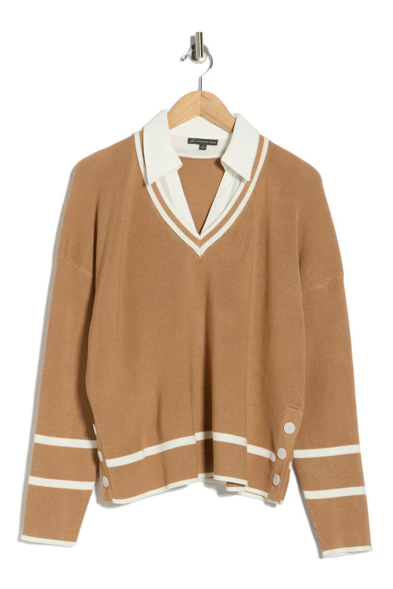 V-Neck Twofer Sweater Top, Alternate, color, GOLDEN CAMEL/ IVORY