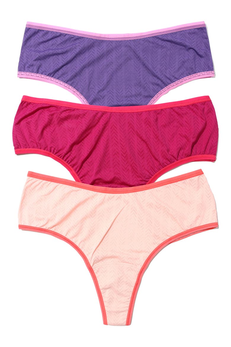 MoveCalm™ Assorted 3-Pack High Rise Thongs, Main, color, ACAI/SWEET NOTHING/SUMMER PLUM