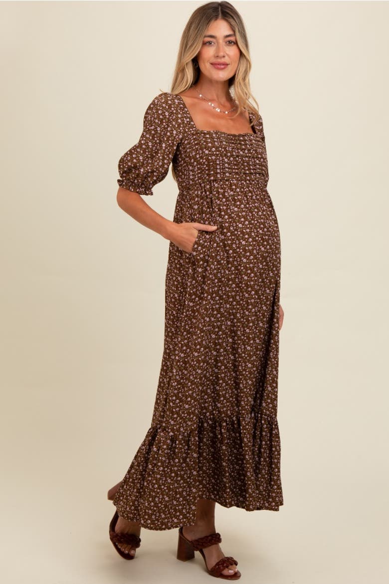Floral Pleated Bodice Maxi Dress, Alternate, color, Mocha