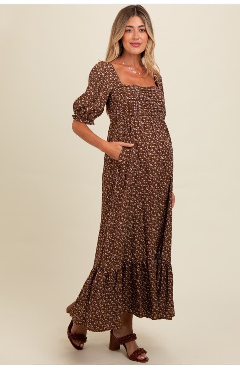 PinkBlush Floral Pleated Bodice Maxi Dress, Alternate, color, Mocha