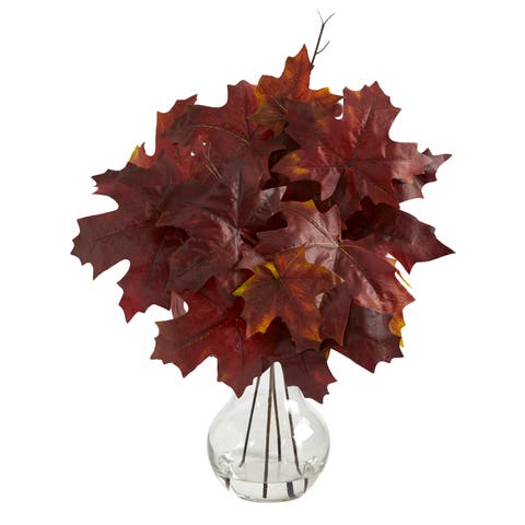 18-in Autumn Maple Leaf Artificial Plant in Glass Planter