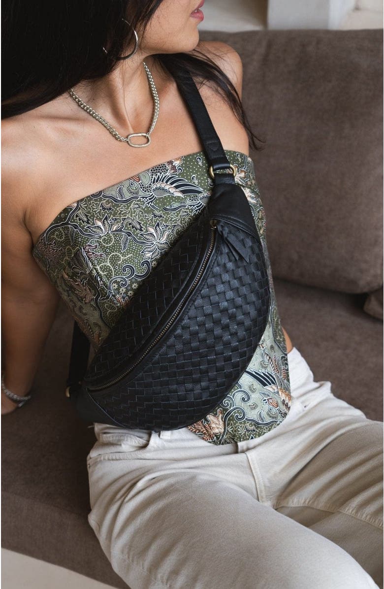 Mandrn Woven Leather Crossbody Bag, Alternate, color, Black