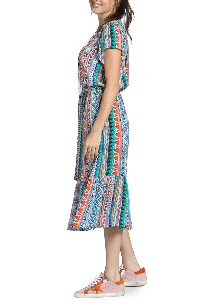 APNY Print Short Sleeve Midi Dress, Alternate, color, Turquoise Multi
