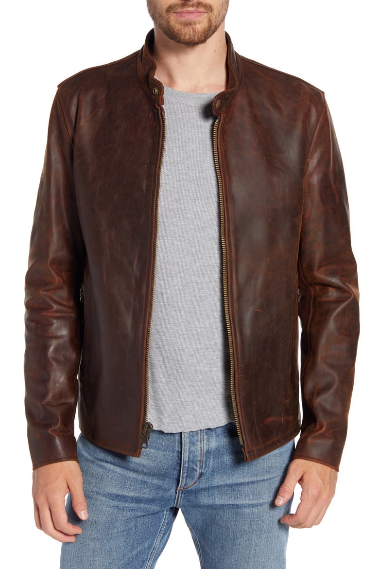 Café Racer Lightweight Oiled Cowhide Leather Jacket, Main, color, BROWN