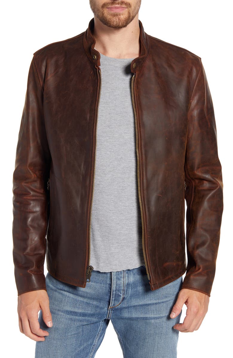 Schott NYC Café Racer Lightweight Oiled Cowhide Leather Jacket, Main, color, Brown