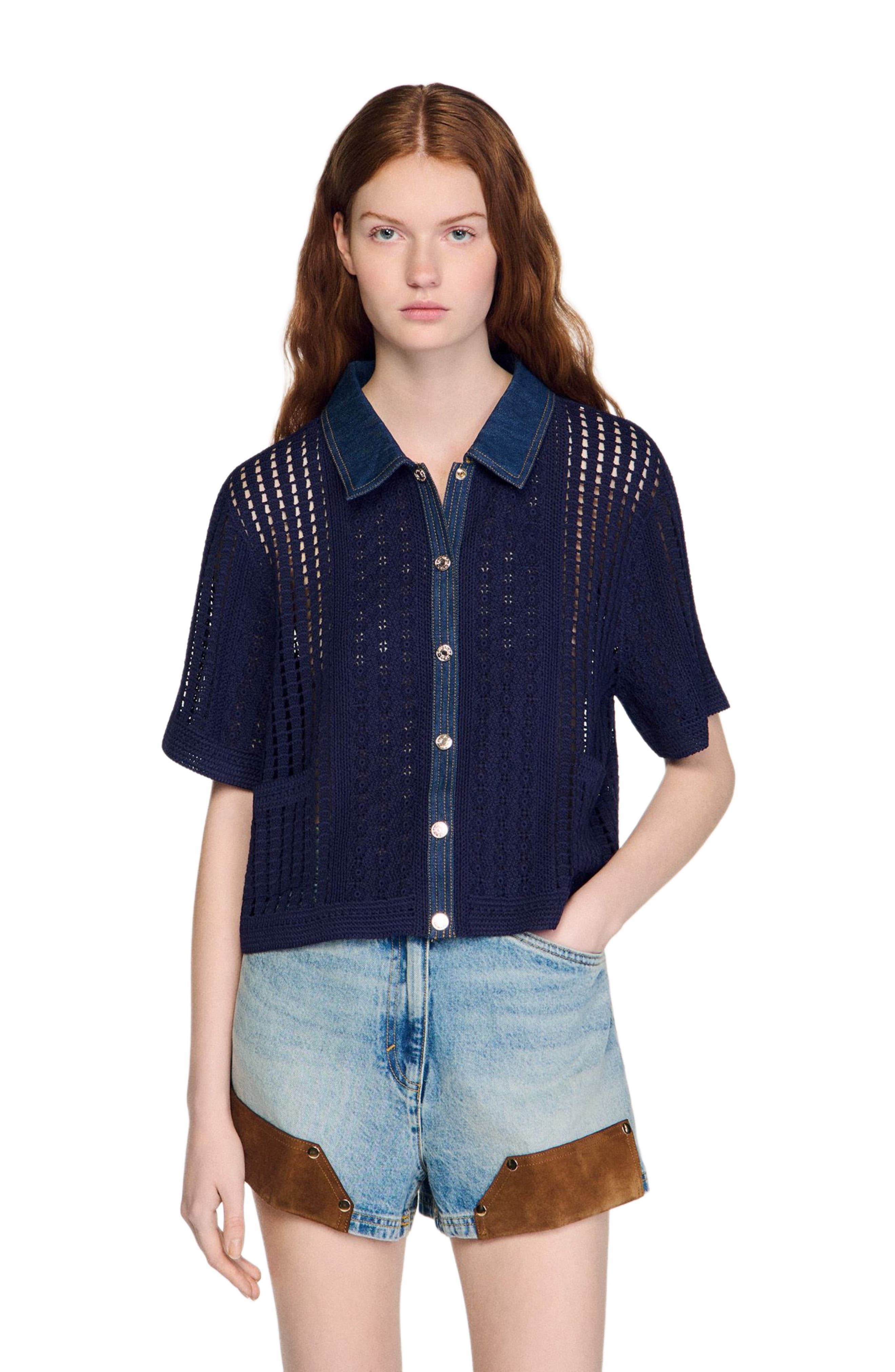 Crochet and denim cardigan